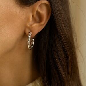 Hoop Earrings Silvertone Twisted post pierced 1.5” diameter